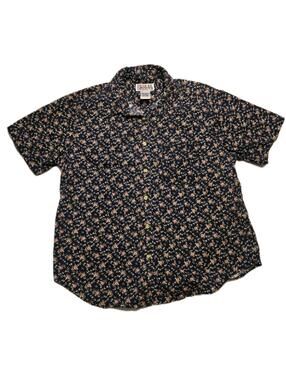 Vintage Bill Blass Short Sleeve Button Down Shirt Navy Floral Cotton Mens Sz L